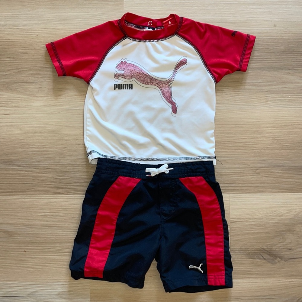 Boys Puma Rash Gaurd Swim Shorts Set Red Black White 18months